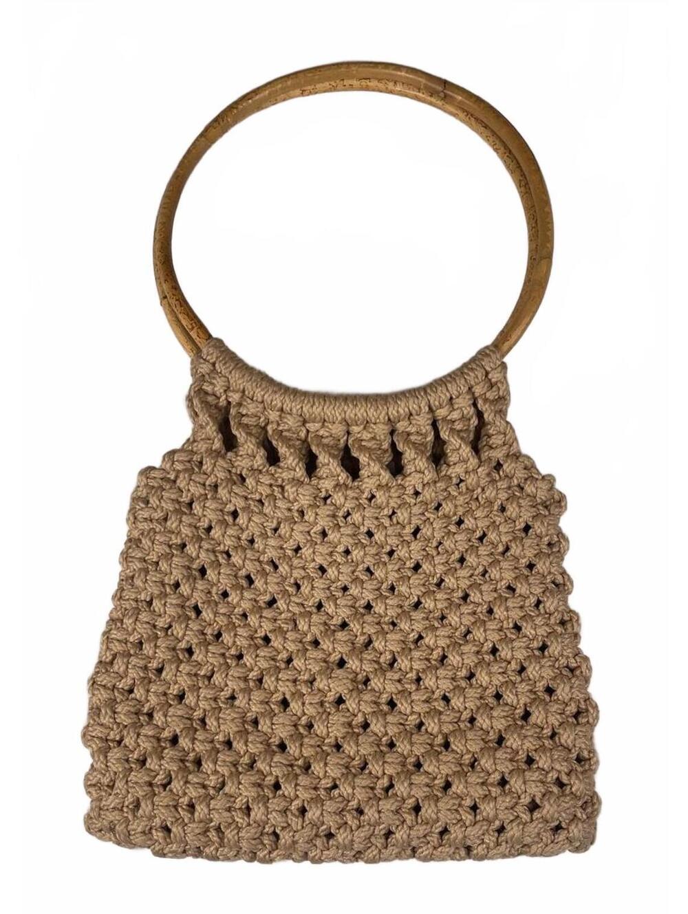 Handmade Macrame Crochet Tote Bag with Wooden Handles